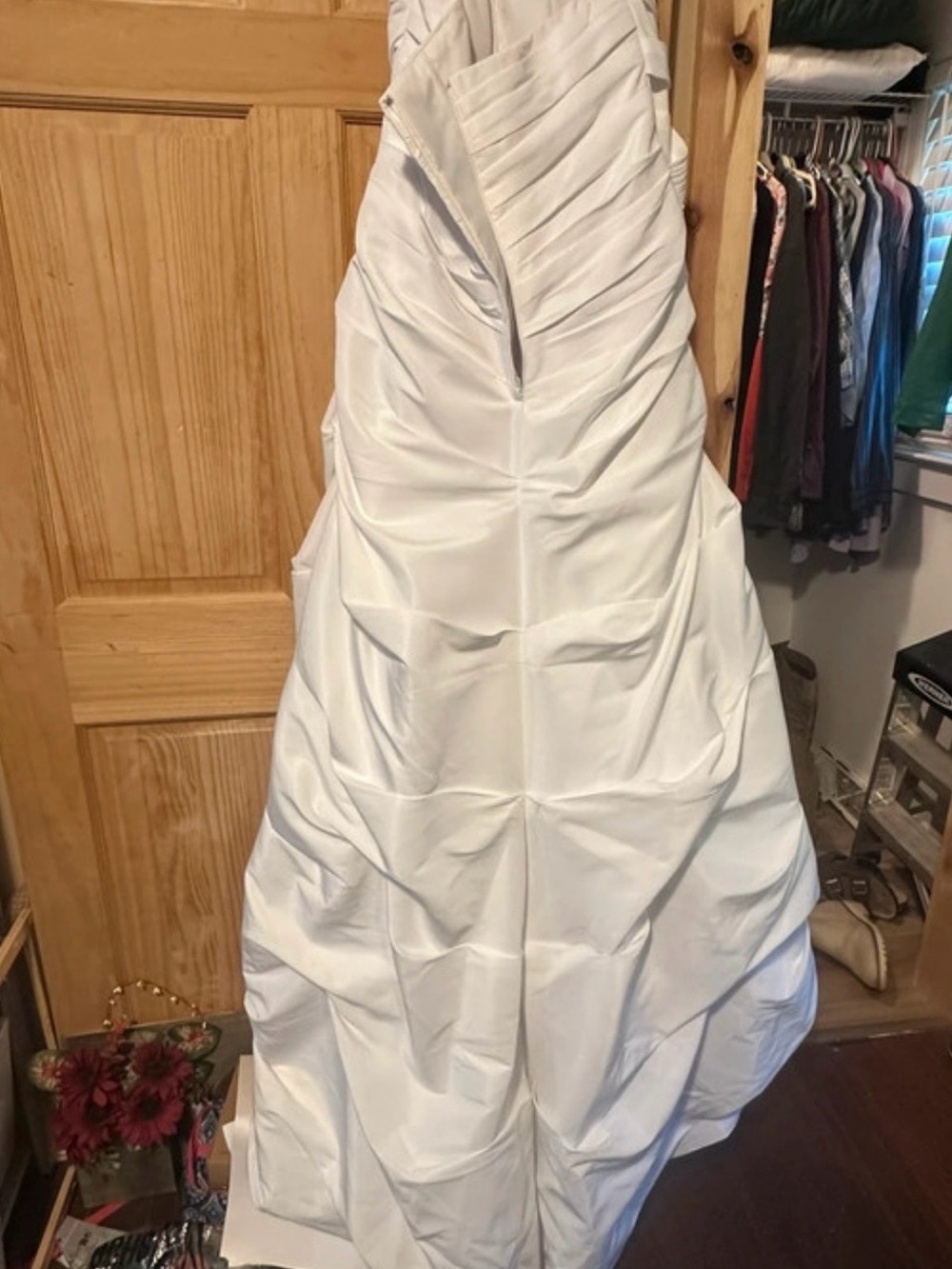 David's Bridal White halter Ruched A-Line Wedding Gown